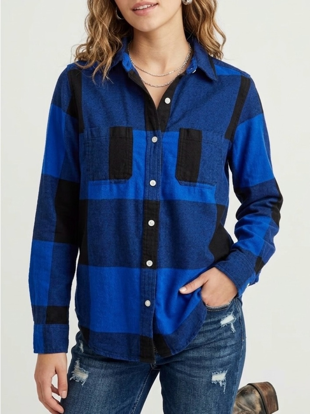 Mossimo Supply Co Plaid Boyfriend Flannel Shirt XS Blue Black Indie Sleaze Retro